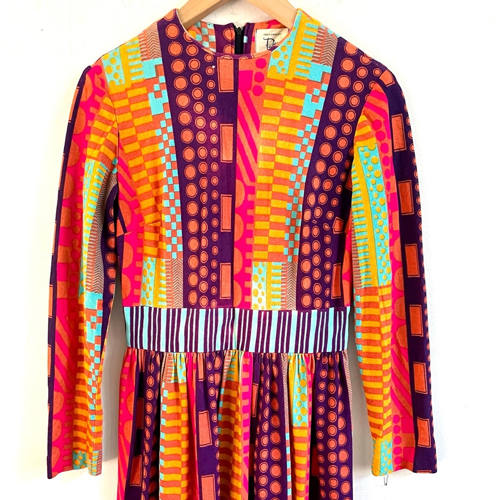Vintage Colorful Retro Neon Geo Abstract 70s Maxi Gown Jersey Knit Dress - Picture 2 of 13